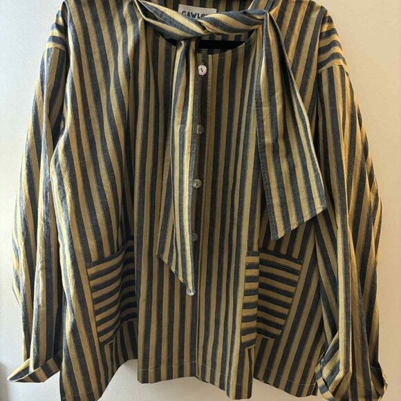 Cawley Studio Japanese Striped Cotton Dorothy Shirt in Mustard +  Navy, Medium - Picture 3 of 4